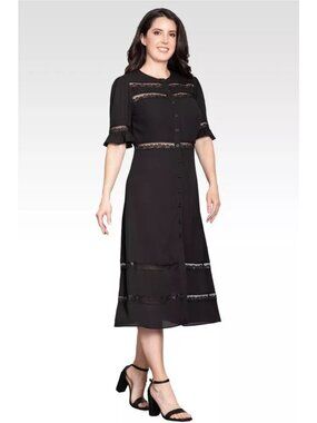 Standards & Practices Midi Black Dress Women's Medium Lace Detail Button Front